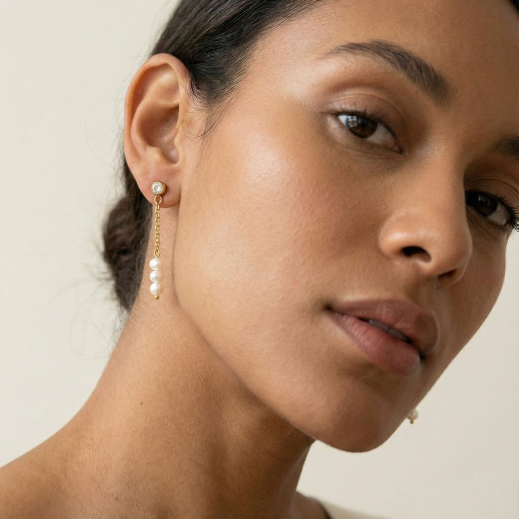 Boucles d’oreilles pendantes « Marilyn » en acier inoxydable doré, ornées de perles blanches et d’un zircon brillant en tête de clou
