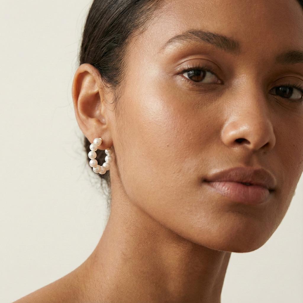 Boucles d’oreilles puces « Pierrette » en acier inoxydable doré, ornées de perles blanches effet nacré formant un demi-cercle élégant