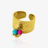 Bague dorée martelée avec perles colorées pendantes, ajustable en acier inoxydable
