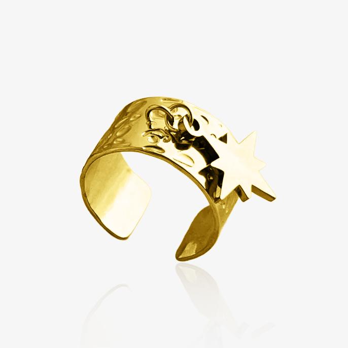 Bague breloque dorée en acier inoxydable avec étoile pendante gravée