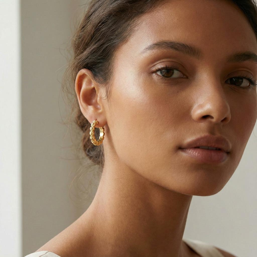 Boucles d’oreilles Huggie « Victoria » en acier inoxydable doré à motifs floraux délicats. Design raffiné, orné de petites fleurs en relief tout autour de la créole