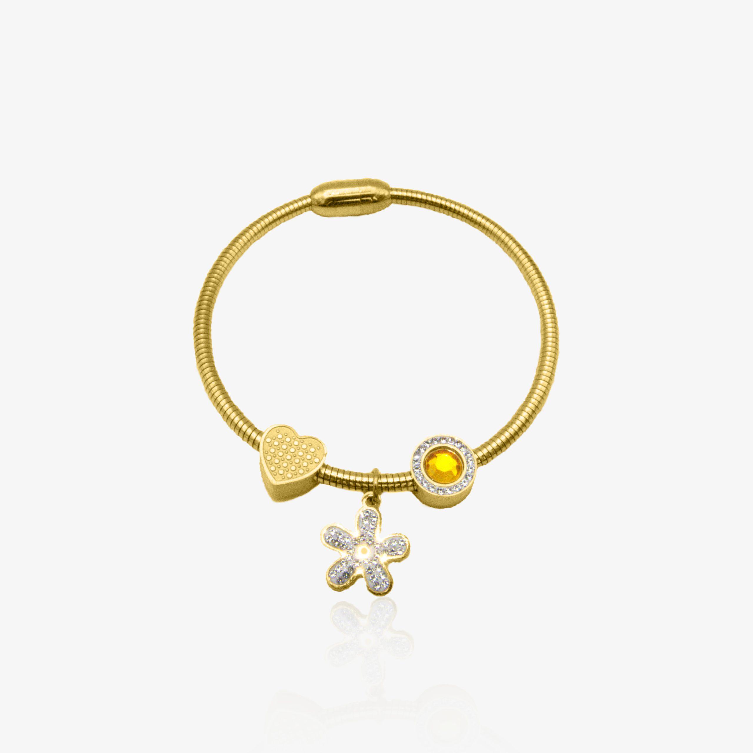 Bracelet doré en acier inoxydable avec charms cœur, fleur et pierre jaune, bijou fantaisie et symbolique pour femme