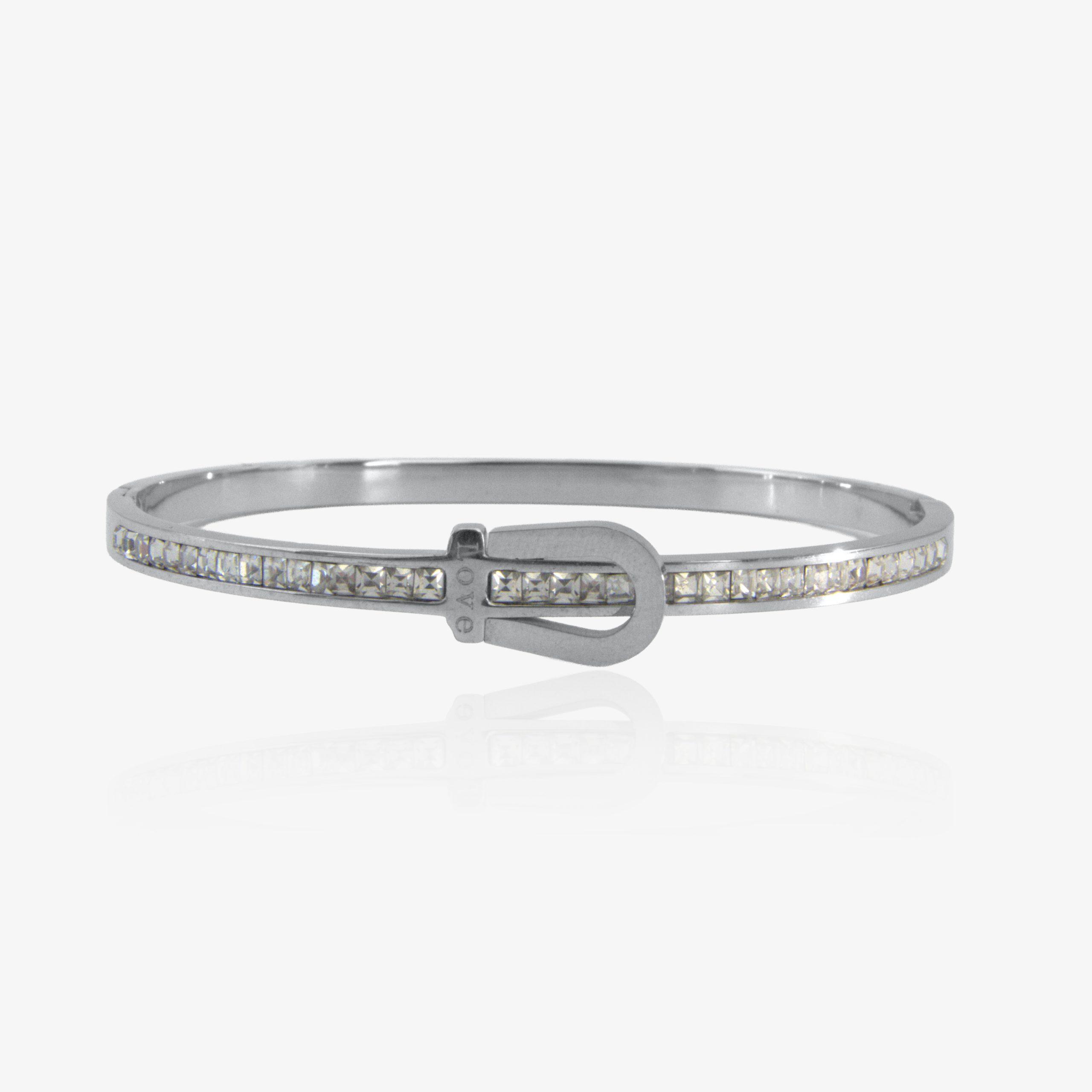 Bracelet jonc argenté en acier inoxydable avec fermoir boucle love et rangée de strass, bijou raffiné pour femme
