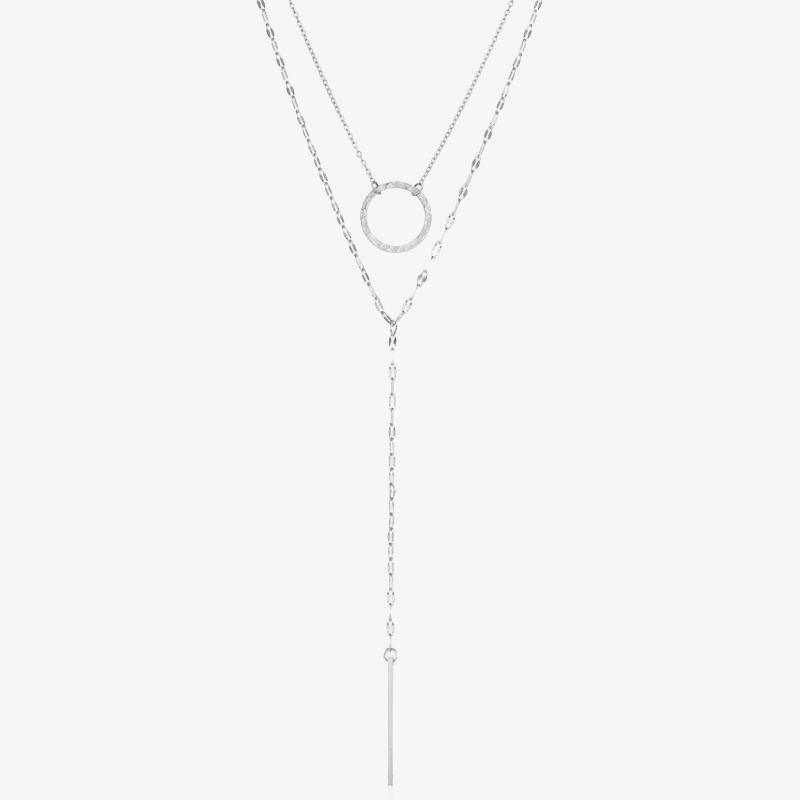 Collier argenté en acier inoxydable à double chaîne avec pendentif cercle martelé et barre, bijou minimaliste et élégant pour femme