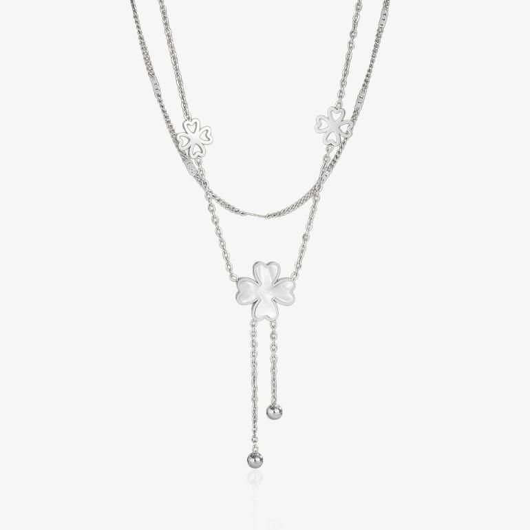 Collier argenté en acier inoxydable avec pendentifs trèfles porte-bonheur et nacre blanche, bijou raffiné pour femme