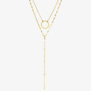 Collier doré en acier inoxydable à double chaîne avec pendentif cercle martelé et barre, bijou minimaliste et élégant pour femme