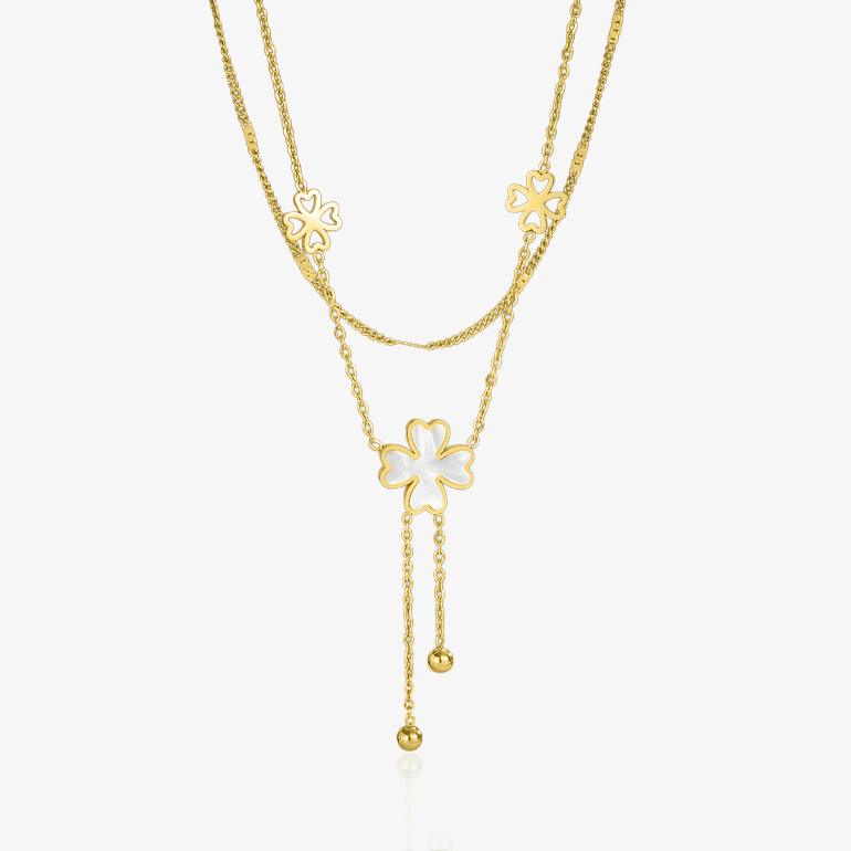 Collier doré en acier inoxydable avec pendentifs trèfles porte-bonheur et nacre blanche, bijou raffiné pour femme