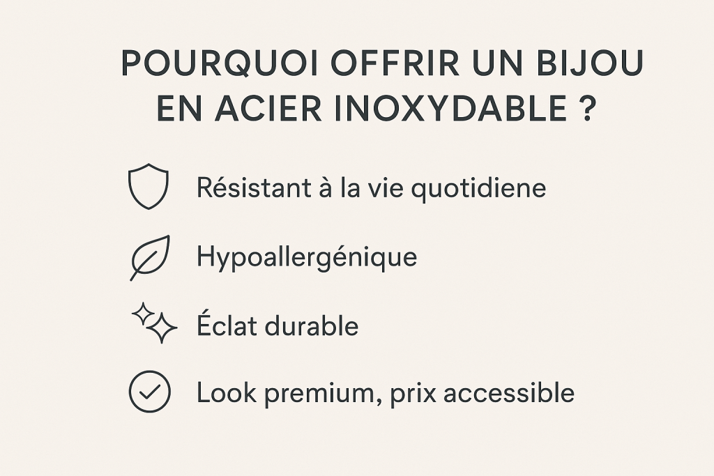 Infographie listant les bénéfices des bijoux en acier inoxydable : résistants, hypoallergéniques, durables et accessibles