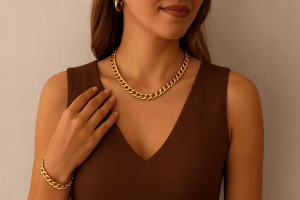 Bijoux dorées avec avec une robe marron