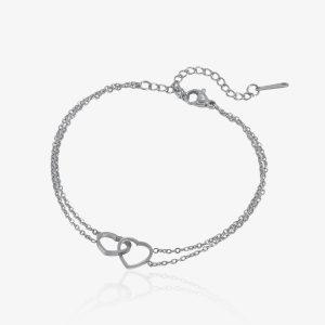 Bracelet argenté en acier inoxydable avec deux cœurs entrelacés, bijou délicat et romantique pour femme