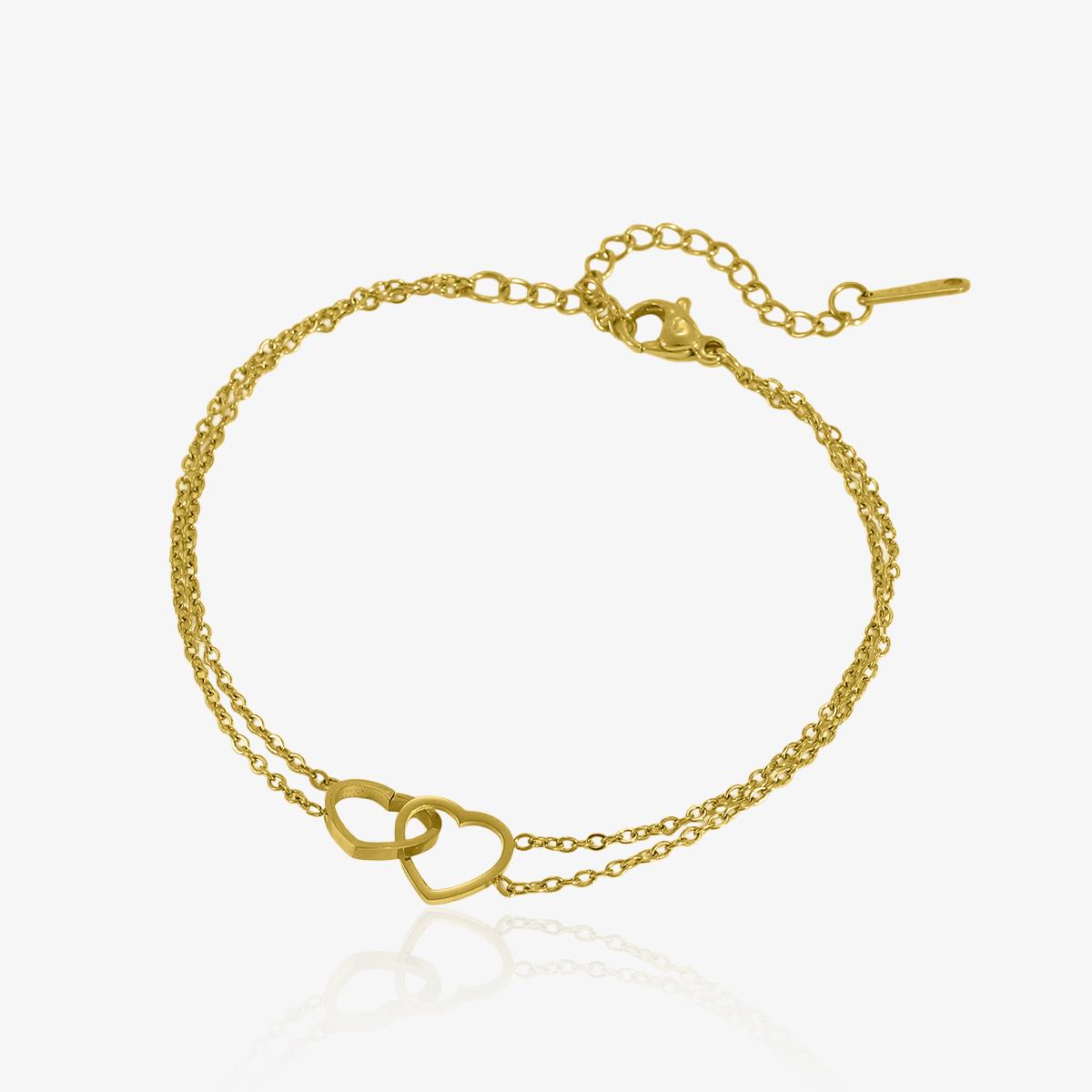 Bracelet doré en acier inoxydable avec deux cœurs entrelacés, bijou délicat et romantique pour femme