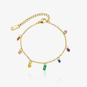 Bracelet doré en acier inoxydable avec pendentifs colorés, bijou ajustable pour poignet ou cheville