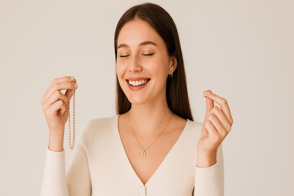 Bijoux en acier inoxydable posés sur fond beige représentant différents styles féminins : initiale, créoles, cœur et puces discrètes