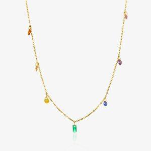 Collier doré en acier inoxydable avec pendentifs colorés en pierres fines, bijou élégant et raffiné pour femme