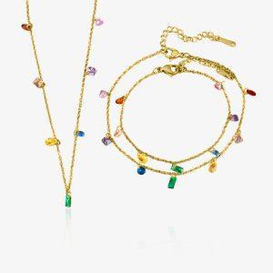 Composition de bijoux dorés en acier inoxydable avec pierres multicolores,collier, bracelet et bracelet cheville