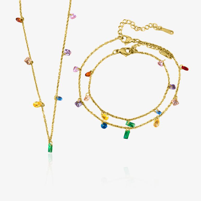 Composition de bijoux dorés en acier inoxydable avec pierres multicolores,collier, bracelet et bracelet cheville