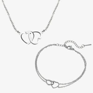 Parure de bijoux argenté en acier inoxydable avec pendentifs deux cœurs entrelacés, collier et bracelet assortis pour femme romantique