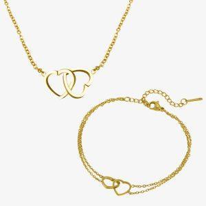 Parure de bijoux dorés en acier inoxydable avec pendentifs deux cœurs entrelacés, collier et bracelet assortis pour femme romantique