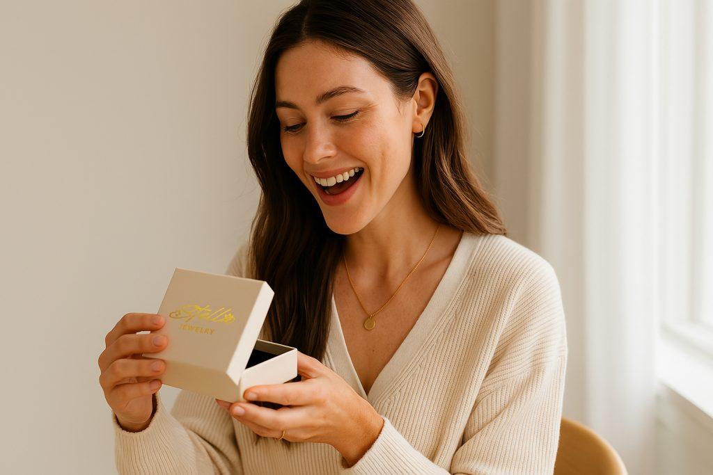 Coffret Stella Jewelry avec logo doré entre les mains d’une femme ravie, incarnant le plaisir d’offrir ou de recevoir un bijou de qualité