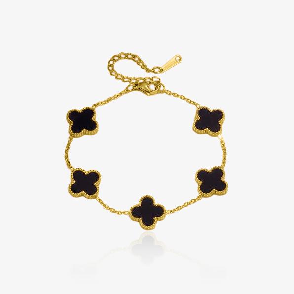 Bracelet trèfle porte-bonheur doré en acier inoxydable avec pendentifs noirs, bijou chic et symbolique pour femme
