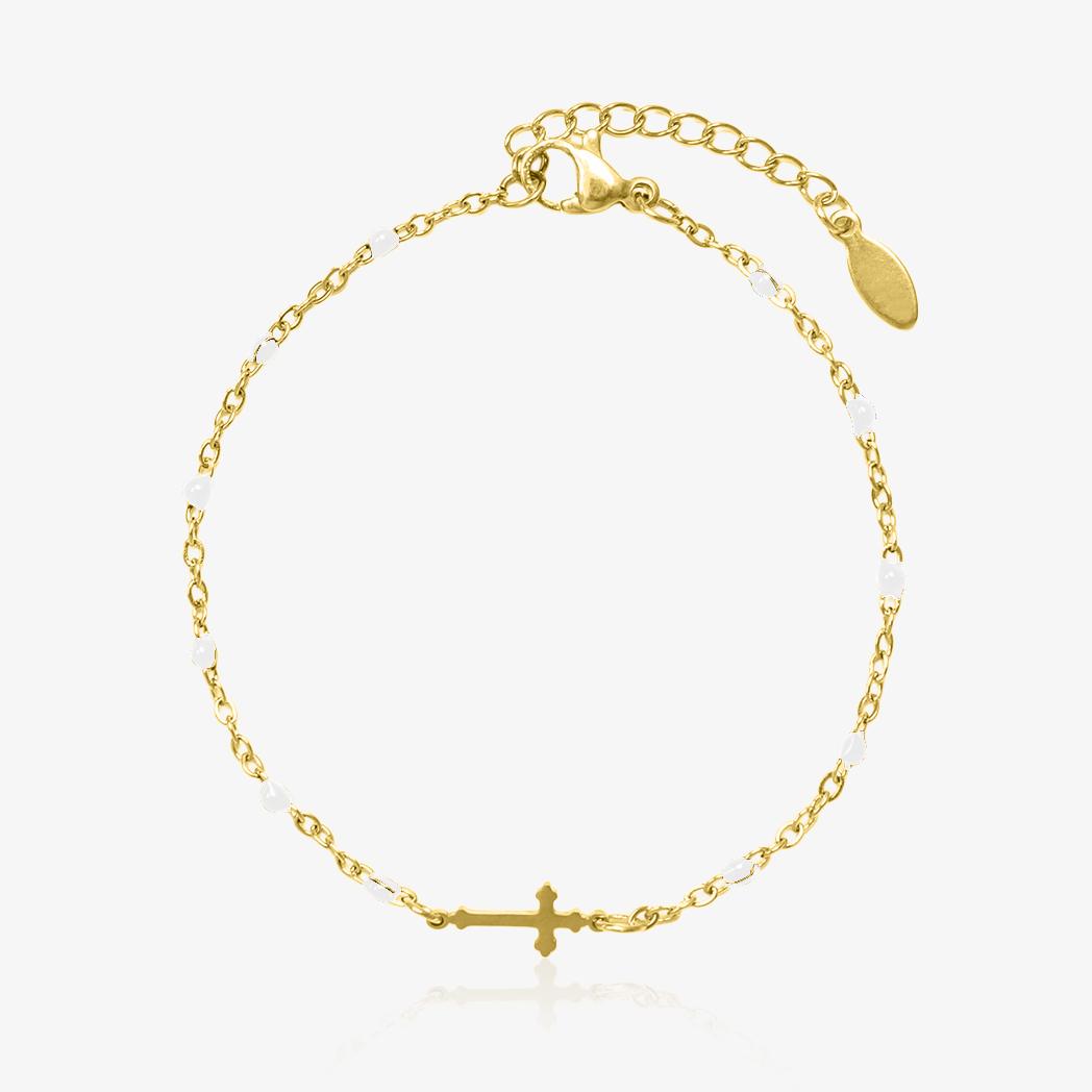 Bracelet doré en acier inoxydable avec perles blanches et croix centrale, bijou raffiné au style spirituel pour femme