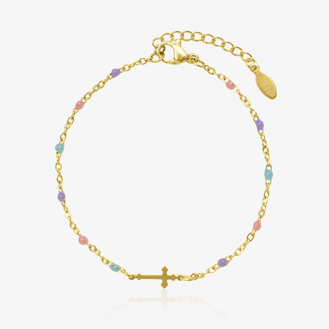 Bracelet doré en acier inoxydable avec perles multicolores et croix centrale, bijou raffiné au style spirituel pour femme