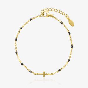Bracelet doré en acier inoxydable avec perles noires et croix centrale, bijou raffiné au style spirituel pour femme