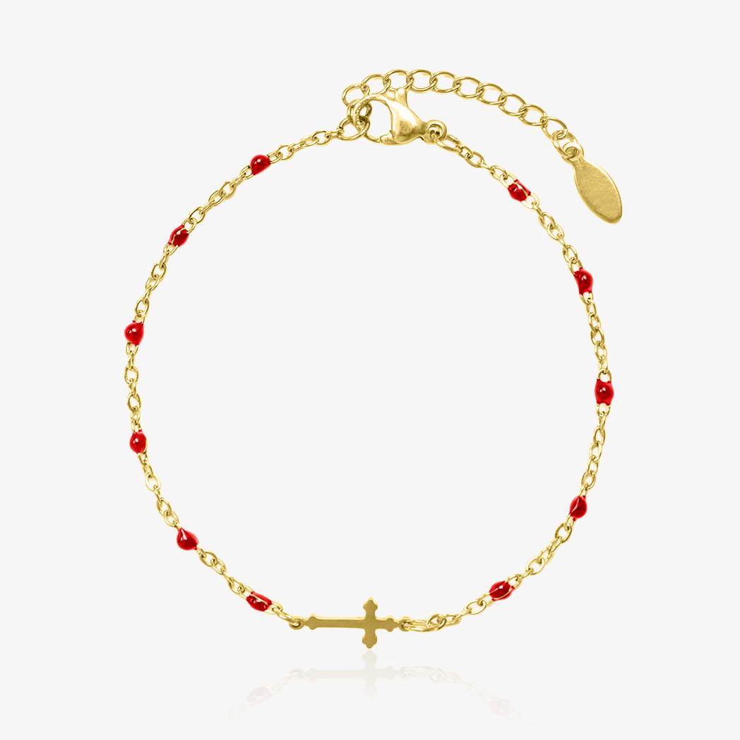 Bracelet doré en acier inoxydable avec perles rouges et croix centrale, bijou raffiné au style spirituel pour femme