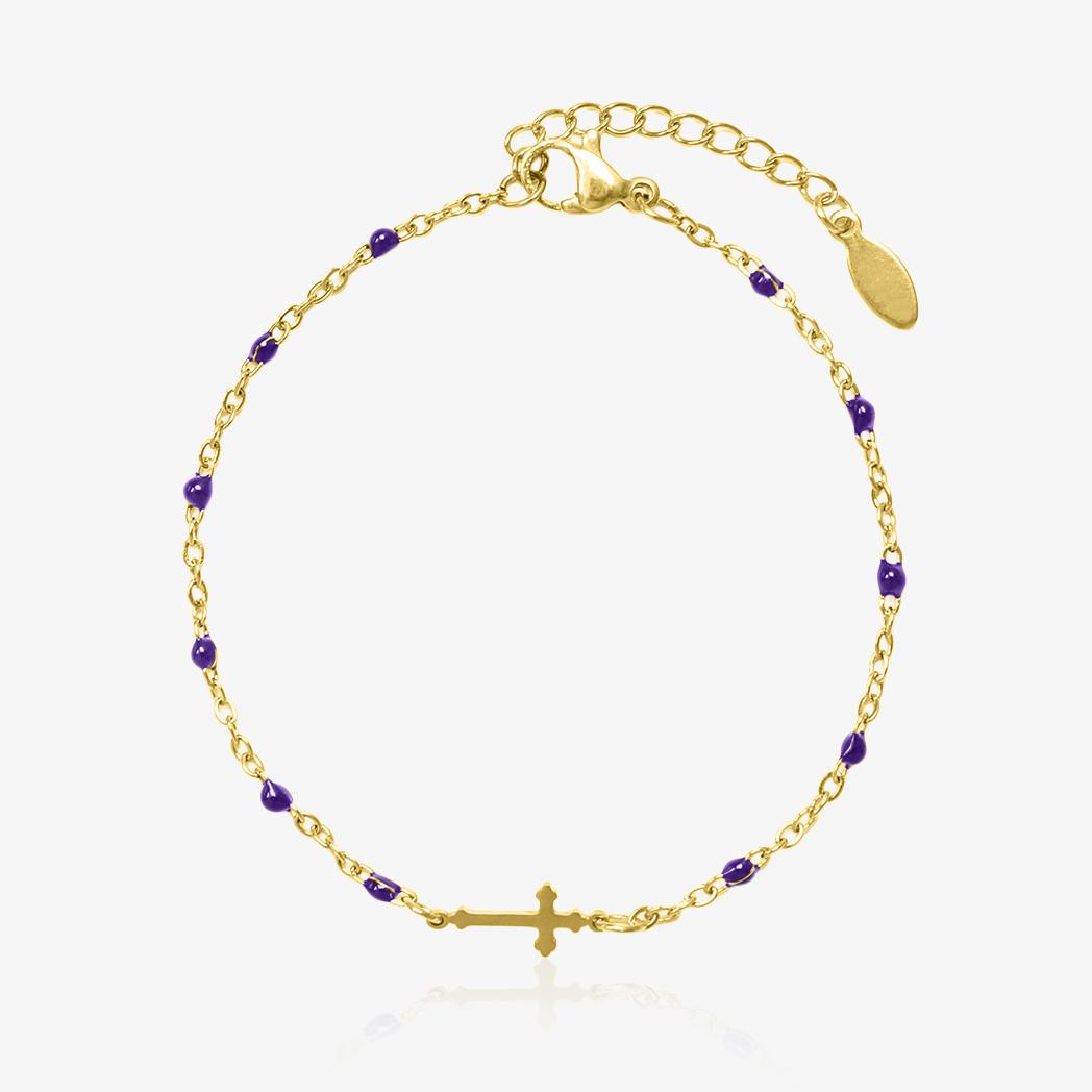 Bracelet doré en acier inoxydable avec perles violettes et croix centrale, bijou raffiné au style spirituel pour femme